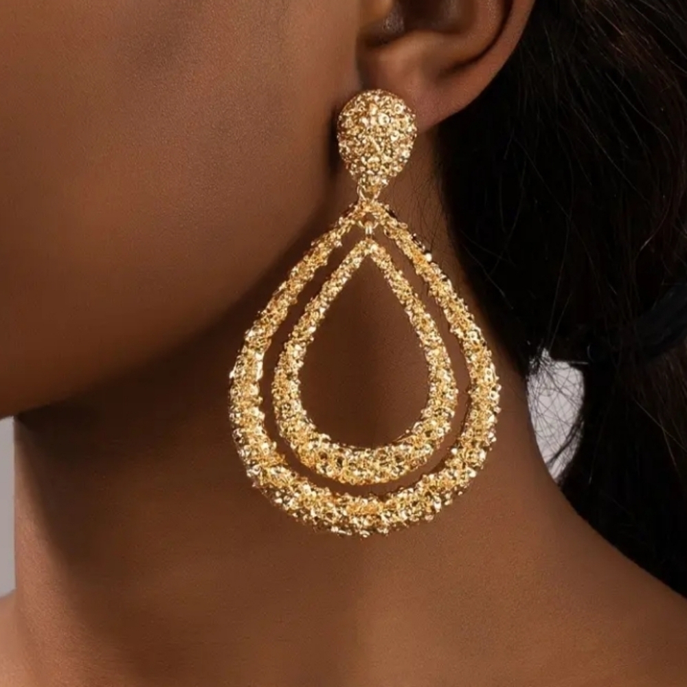 Chunky Gold Double Waterdrop Textured Earrings